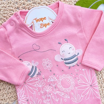 Kit 3 Peças - Bodys Manga Longa Abelha Fofa com Tule - Rosa, Off White e Rose